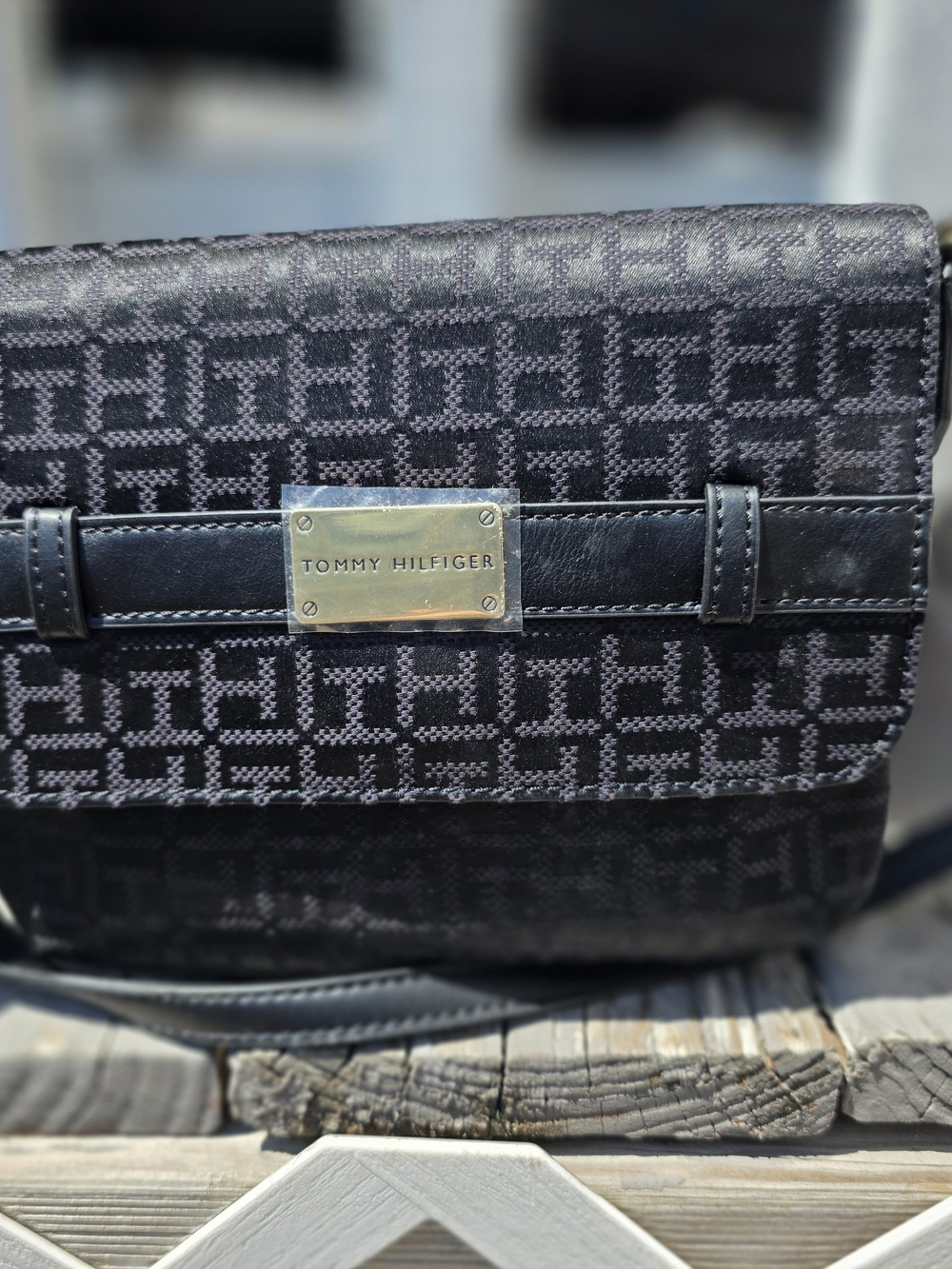 Tommy Hilfiger Black Monogram Crossbody Bag with Plaque